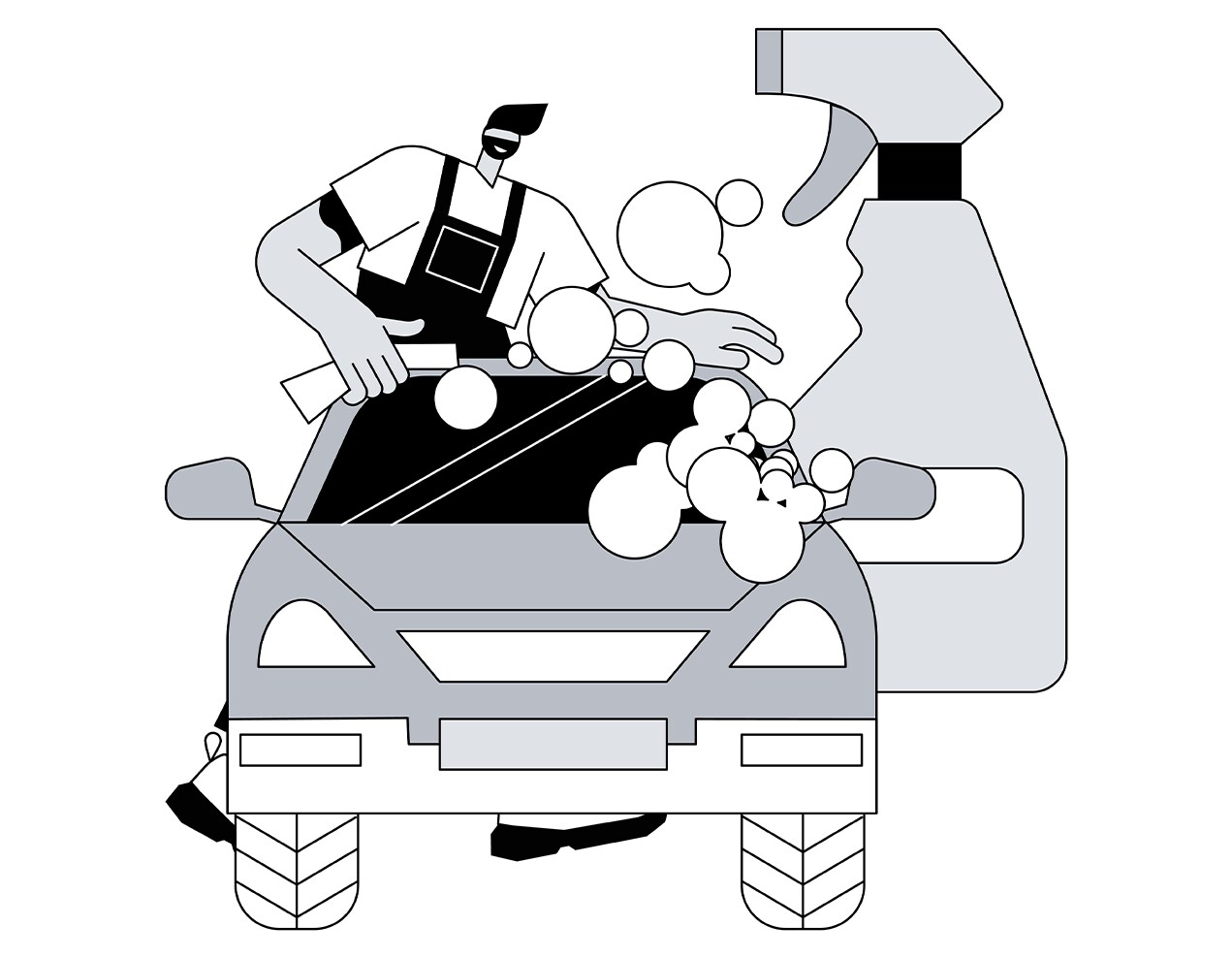Tips for spring cleaning your car at Jack Giambalvo Mazda in York, PA | Illustration of a man washing his grey color car with a giant spray bottle behind them