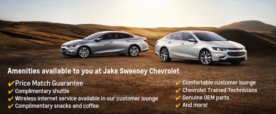 Amenities available to you at Jake Sweeney Chevrolet: Price Match Guarantee, Complimentary shuttle, Wireless internet service available in our customer lounge, complimentary snacks and coffee, comfortable customer lounge, Chevrolet trained technicians, Genuine OEM parts, and more!