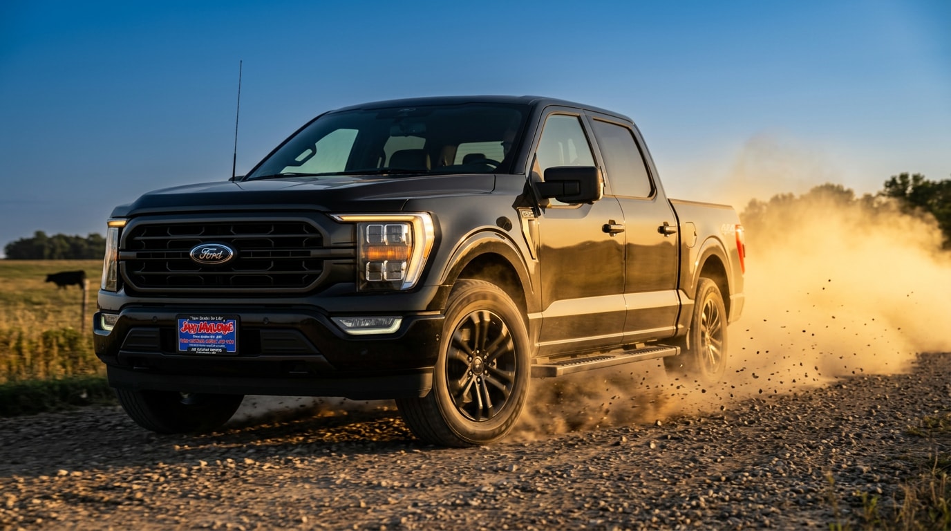 Ford F-150 driving on a gravel township road at golden hour near Hutchinson MN — Jay Malone Ford