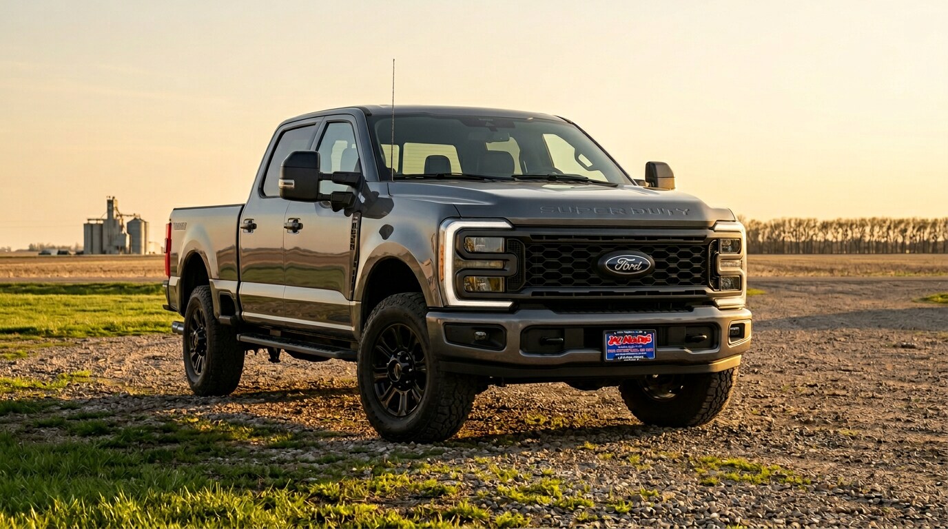 2027 Ford Super Duty parked at a central Minnesota farm at golden hour, available to reserve at Jay Malone Ford in Hutchinson MN