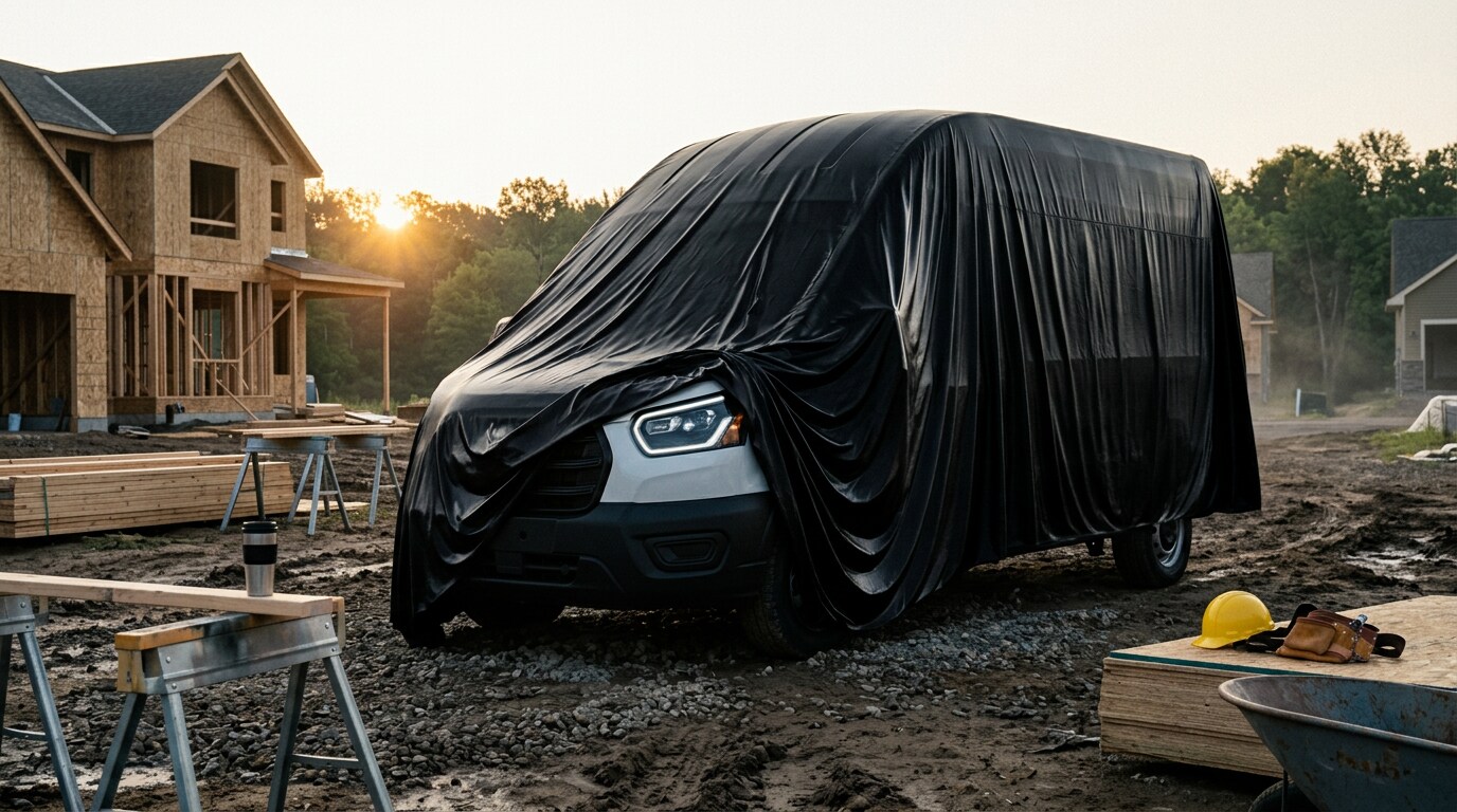 2027 Ford Transit cargo van concept at a Minnesota construction site at dawn — inquire at Jay Malone Ford