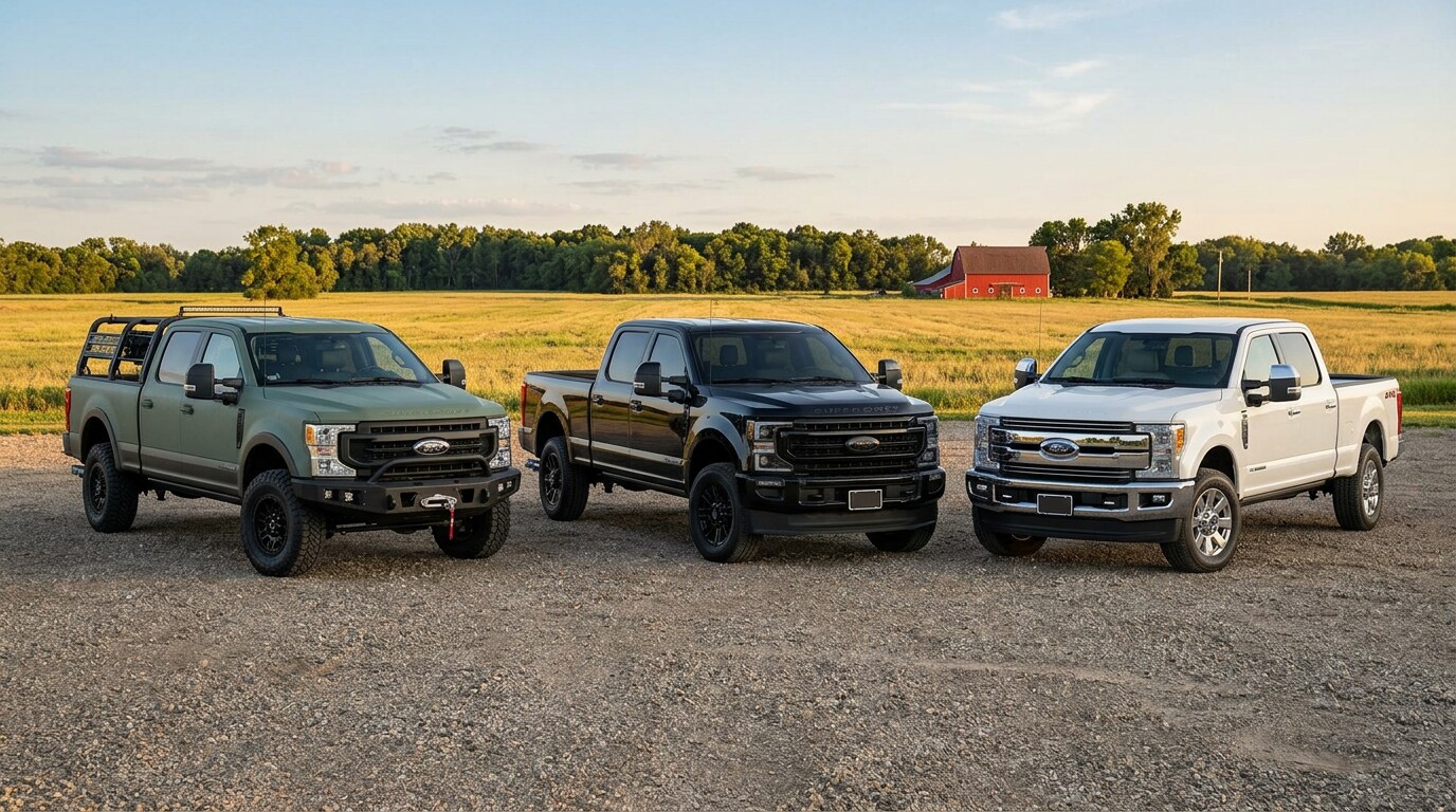 Three 2027 Ford Super Duty trucks lined up at a central Minnesota farm showing off-road, blacked-out, and luxury special editions, available to reserve at Jay Malone Ford in Hutchinson MN