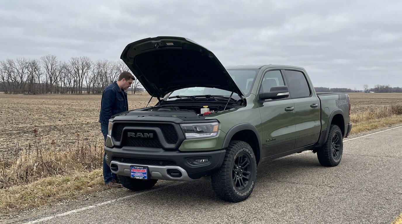 Ram 1500 pulled over on a central Minnesota roadside with the hood up, serviced by Jay Malone CDJR in Hutchinson, MN