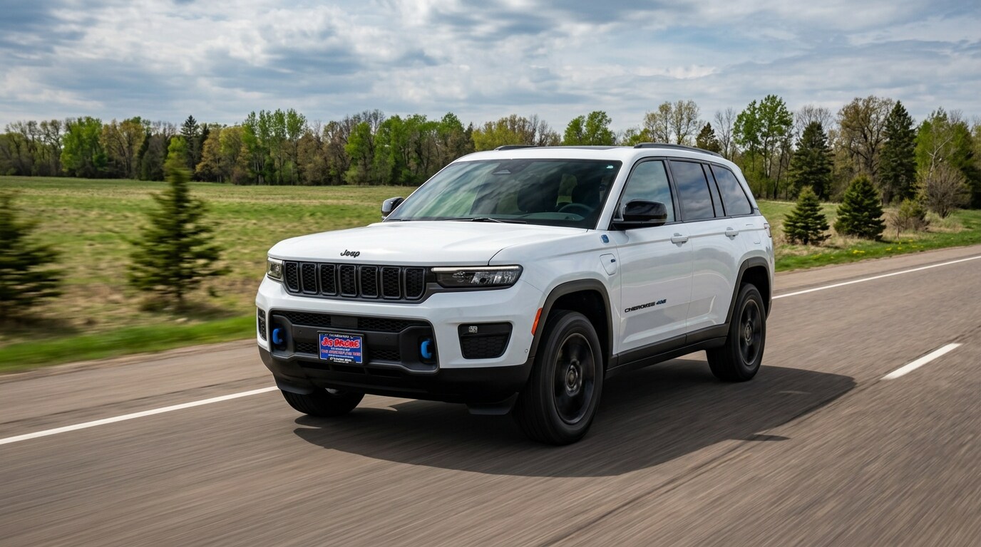 Jeep Cherokee hybrid driving on Highway 7 in central Minnesota