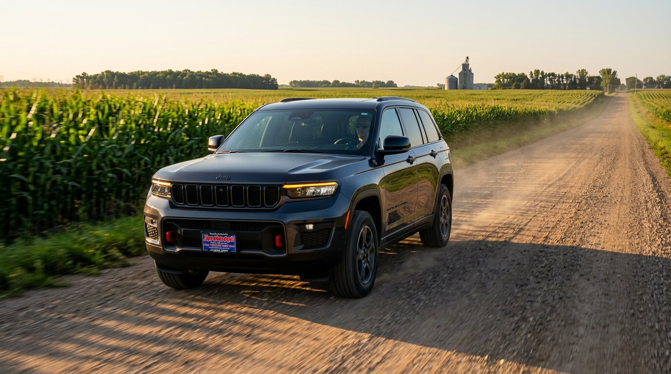2027 Jeep Grand Cherokee on a central Minnesota gravel road at sunrise — now open for reservations at Jay Malone CDJR in Hutchinson, MN