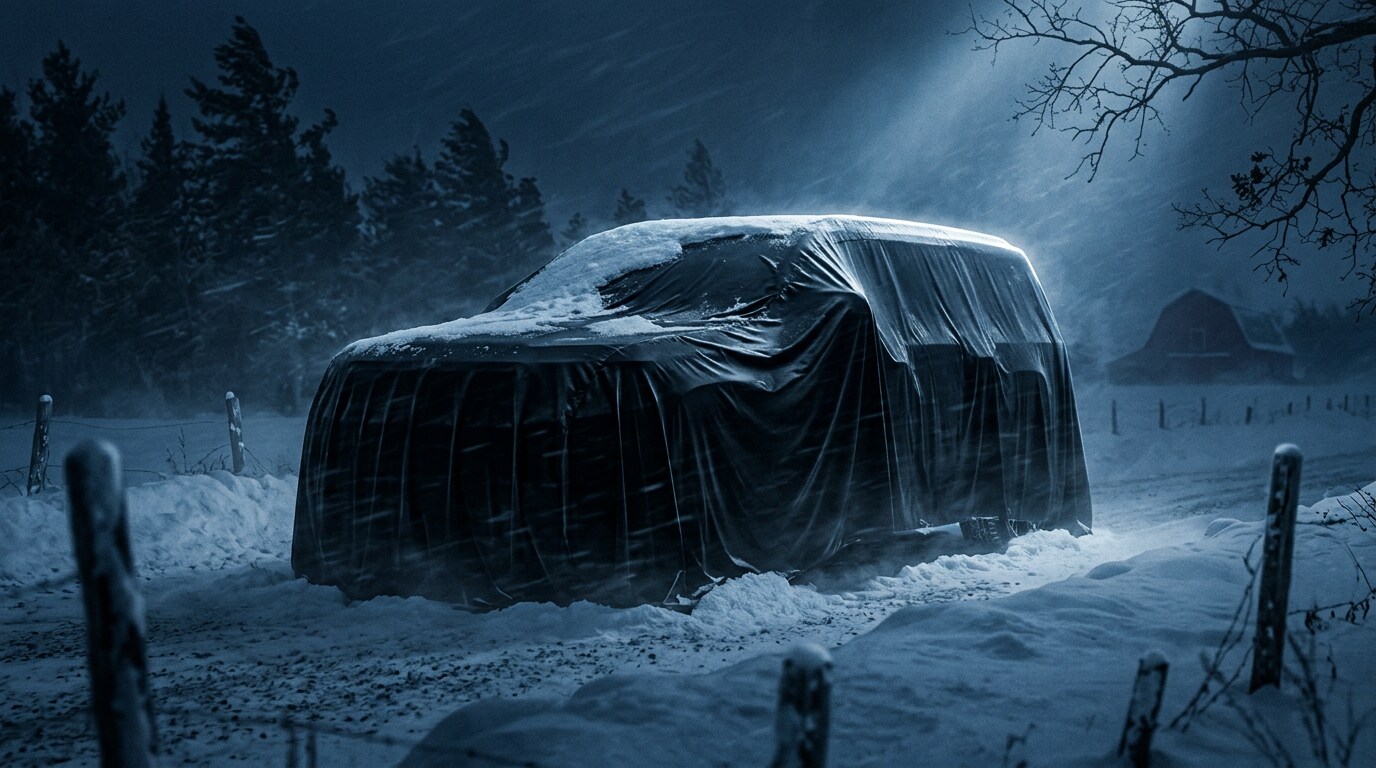 Reserve the 2027 Jeep Grand Wagoneer at Jay Malone CDJR 2027 Jeep Grand Wagoneer flagship full-size 3-row luxury SUV covered at night outside a Minnesota lake home — reservation pre-reveal at Jay Malone CDJR in Hutchinson MN