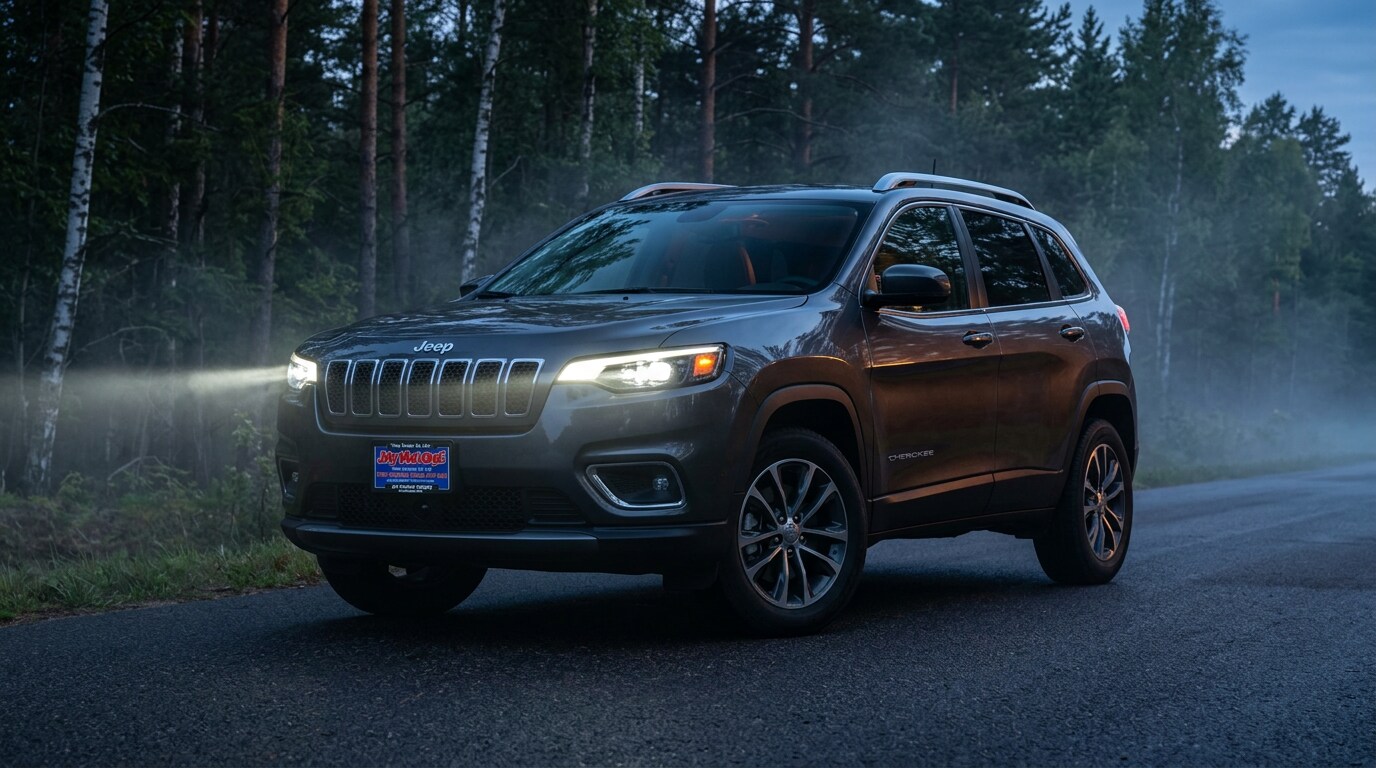2027 Jeep Cherokee hybrid driving on a central Minnesota road at dusk