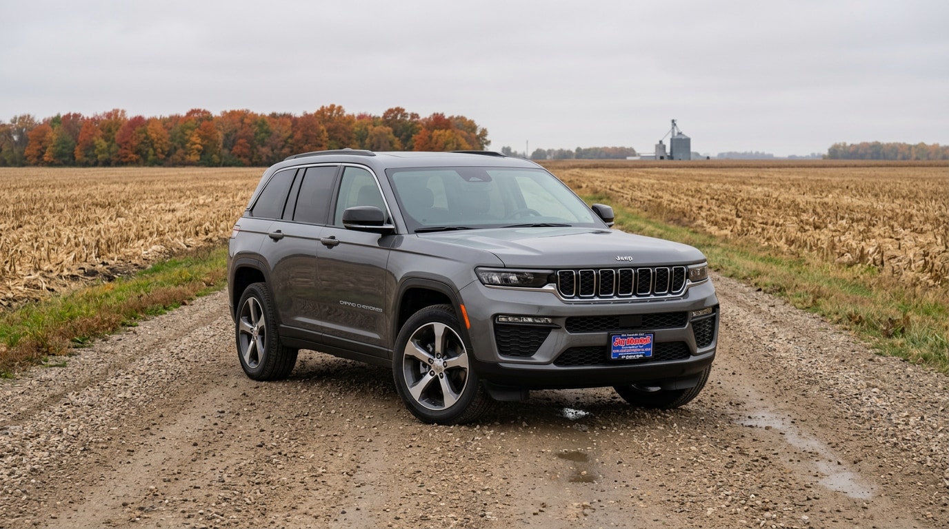 2027 Jeep Grand Cherokee parked on a central Minnesota gravel road in autumn — available to order now at Jay Malone CDJR in Hutchinson, MN