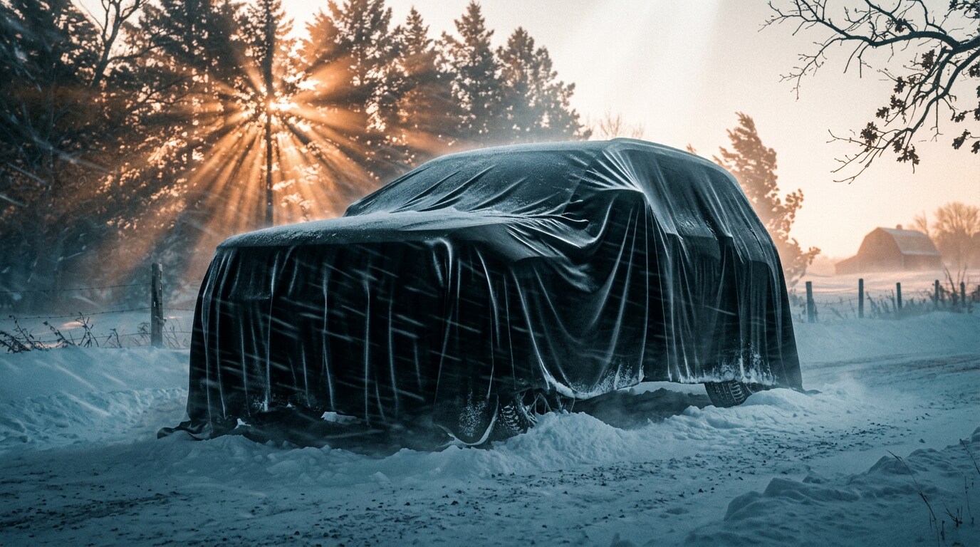 Reserve the 2027 Jeep Grand Cherokee L at Jay Malone CDJR 2027 Jeep Grand Cherokee L 3-row covered at sunrise outside a Minnesota lake home — reservation pre-reveal at Jay Malone CDJR in Hutchinson MN