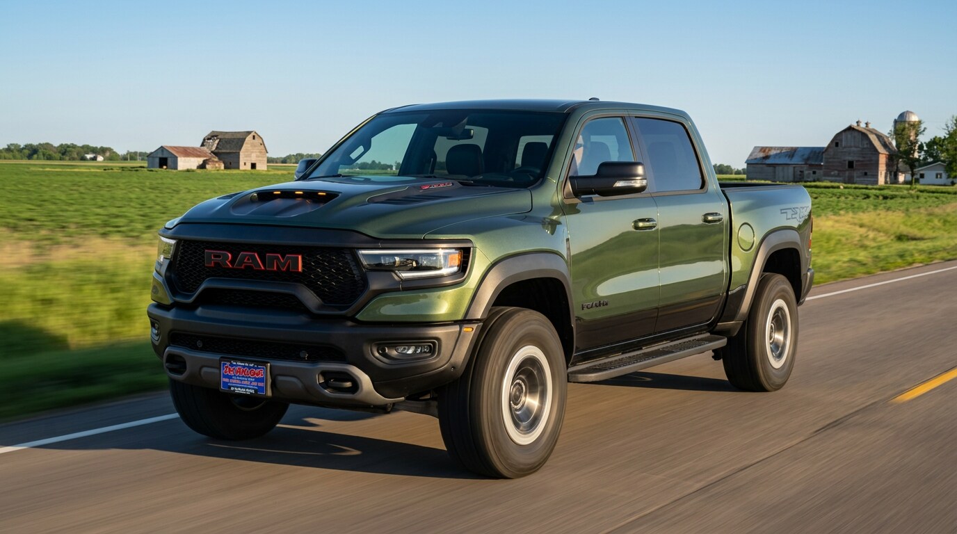 2027 Ram 1500 driving on a rural Minnesota highway in late spring
