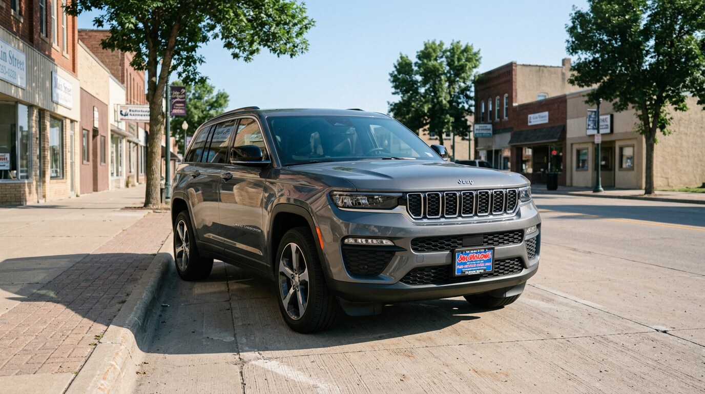 Jeep Grand Cherokee parked on a small-town main street in central Minnesota — available at Jay Malone CDJR in Hutchinson, family-owned since 2005