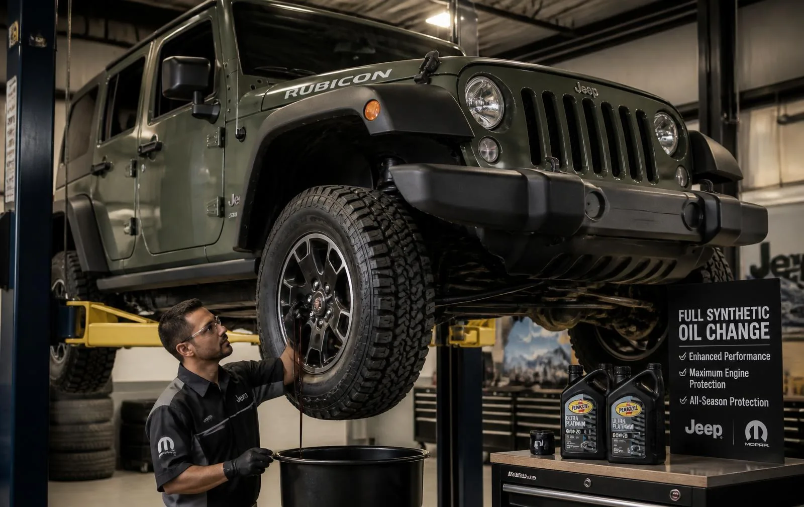 Jeep Wrangler Full Synthetic Oil Change Service Certified technician performing a full synthetic oil change on a Jeep Wrangler on a service lift