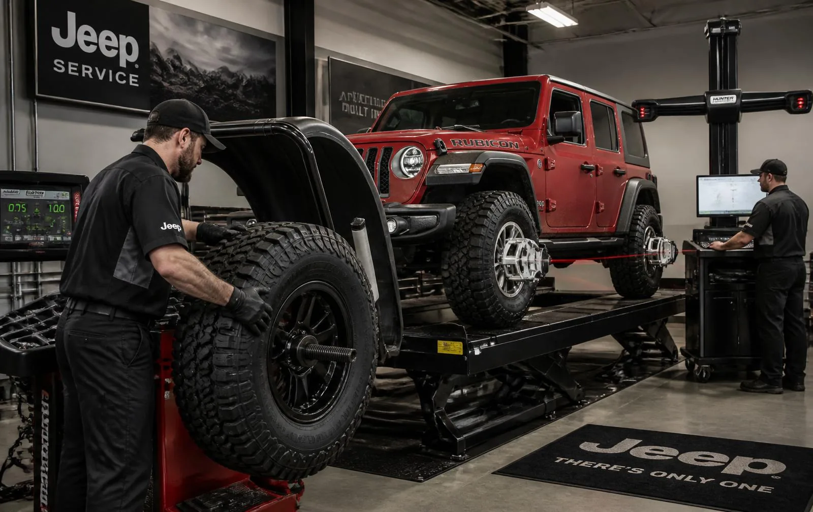 Jeep Wrangler Rubicon Tire Mounting and Wheel Alignment Technicians mounting an all-terrain tire and running a wheel alignment on a red Jeep Wrangler Rubicon
