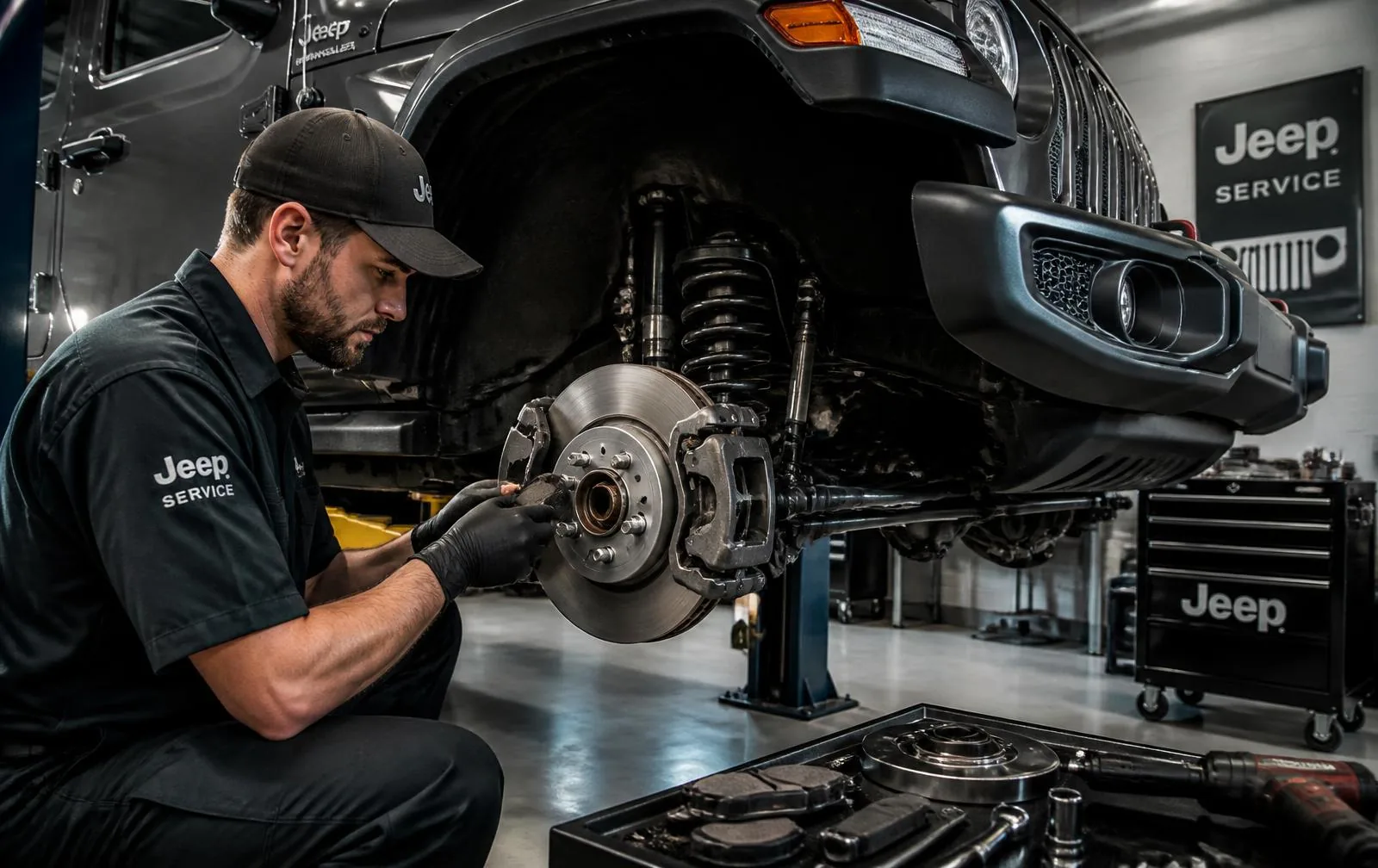 Jeep Wrangler Brake and Chassis Inspection Jeep service technician inspecting front brake rotor and caliper on a lifted Jeep Wrangler
