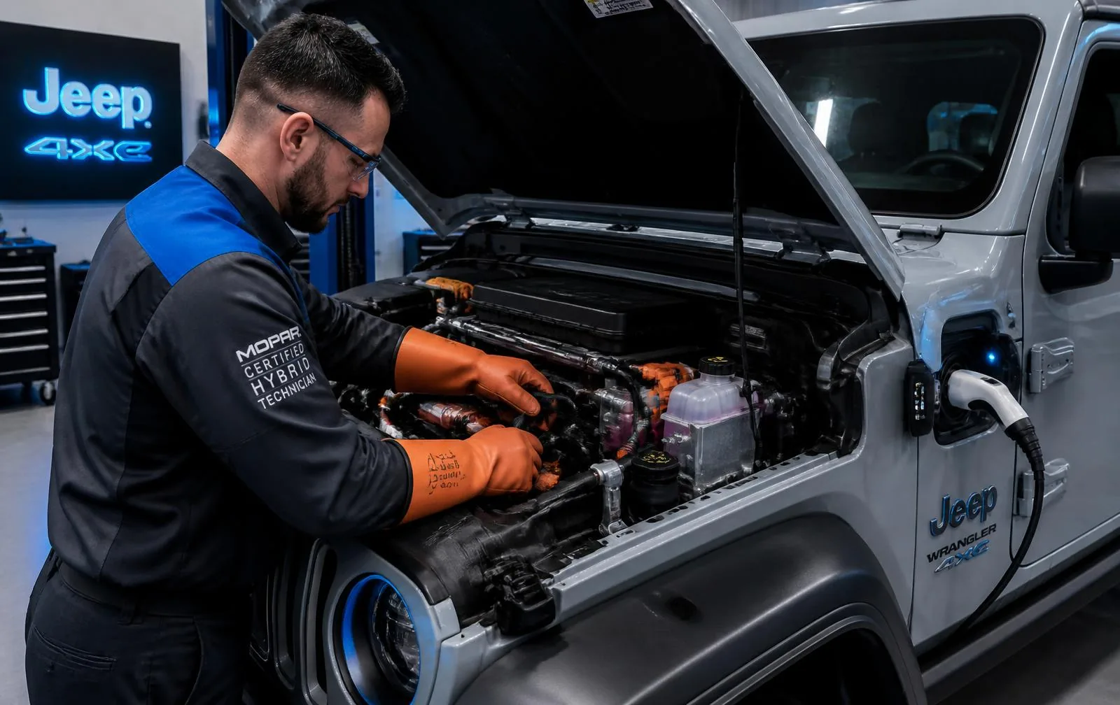 Jeep Wrangler 4xe Hybrid Battery Coolant Service Certified hybrid technician servicing the high-voltage battery coolant system on a Jeep Wrangler 4xe
