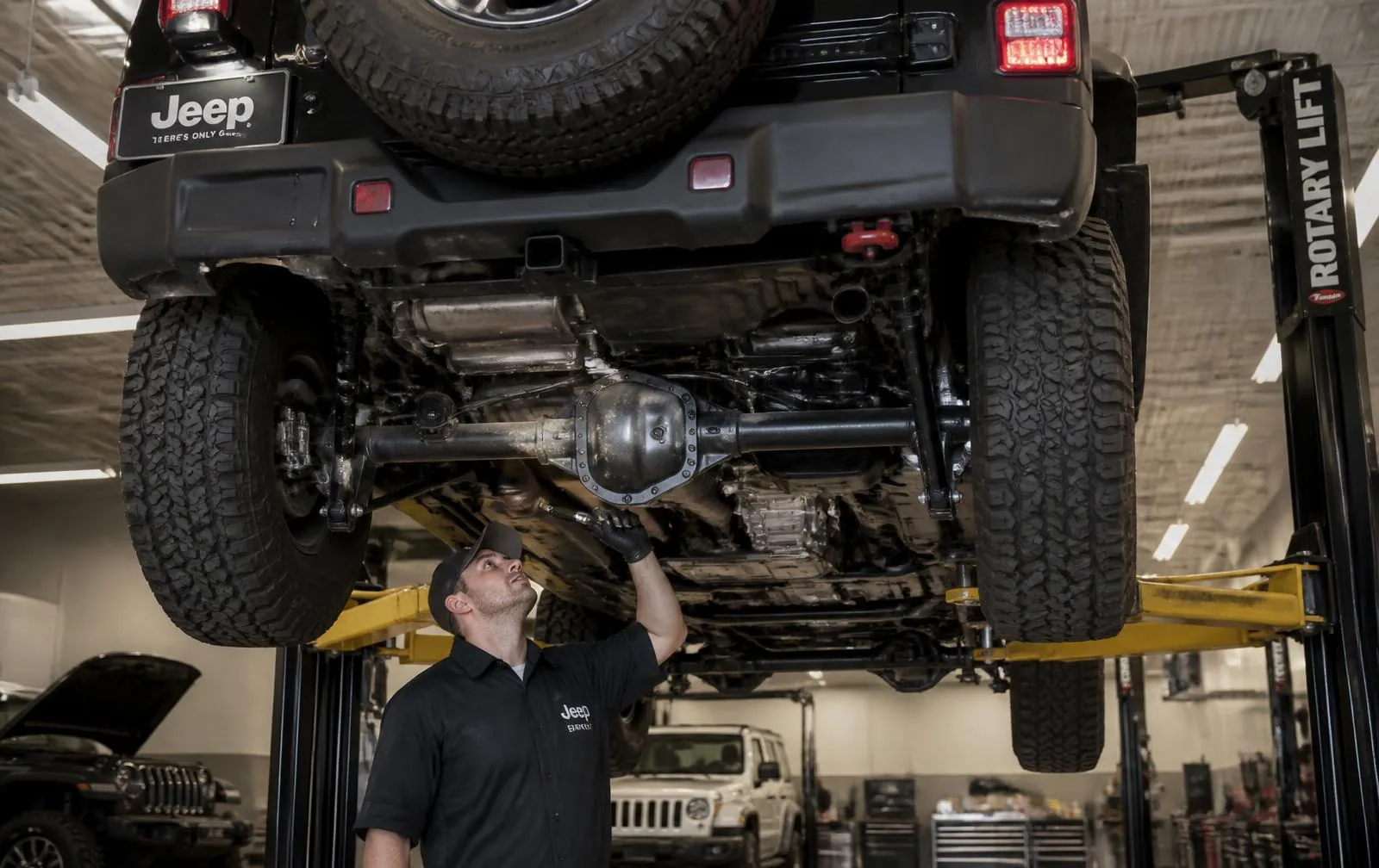 Jeep Wrangler Drivetrain and Towing Readiness Inspection Technician inspecting the rear axle, driveshaft and transfer case beneath a raised Jeep Wrangler