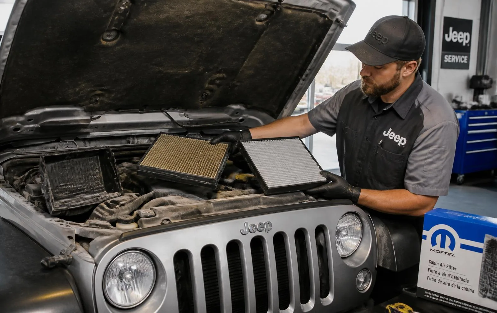 Jeep Wrangler Engine and Cabin Air Filter Replacement Technician comparing a dust-clogged engine air filter with a new Mopar filter on a Jeep Wrangler