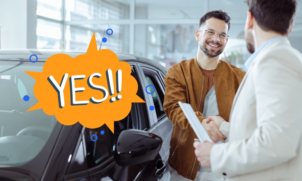 Jenkins No-Haggle Pricing Man shaking hands in car dealership. Text says Yes! in orange bubble