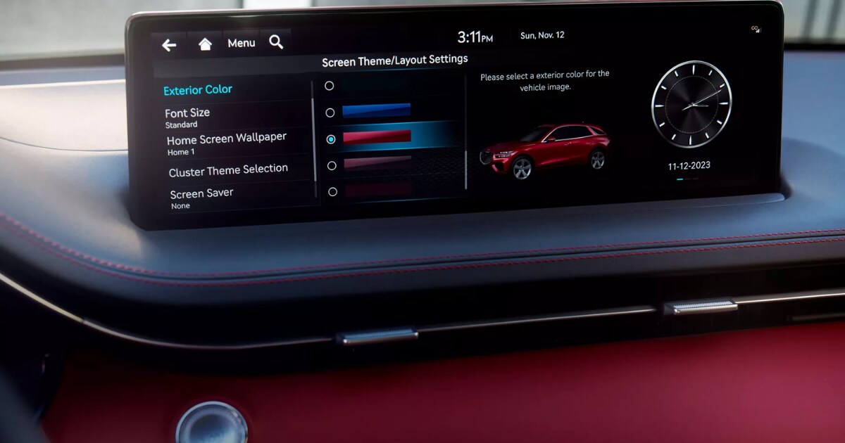 Red Interior of 2025 Genesis GV70 Widescreen HD Navigation Screen, Weatherford, TX