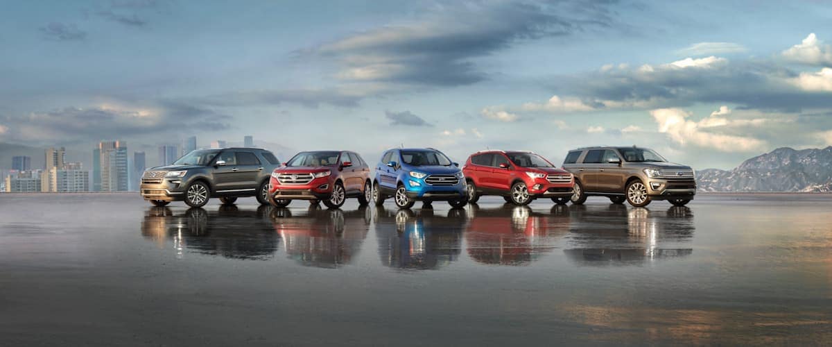 Ford SUVs The Ford SUV Lineup parked in front of the skyline