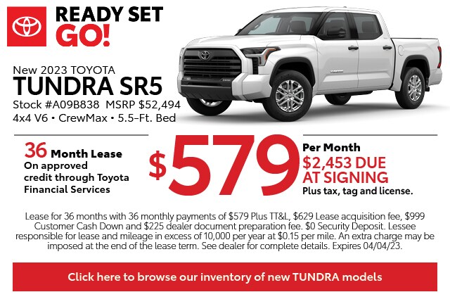 36 month lease. New 2023 Toyota Tundra SR5, $579 per month and $2453 Due at Signing