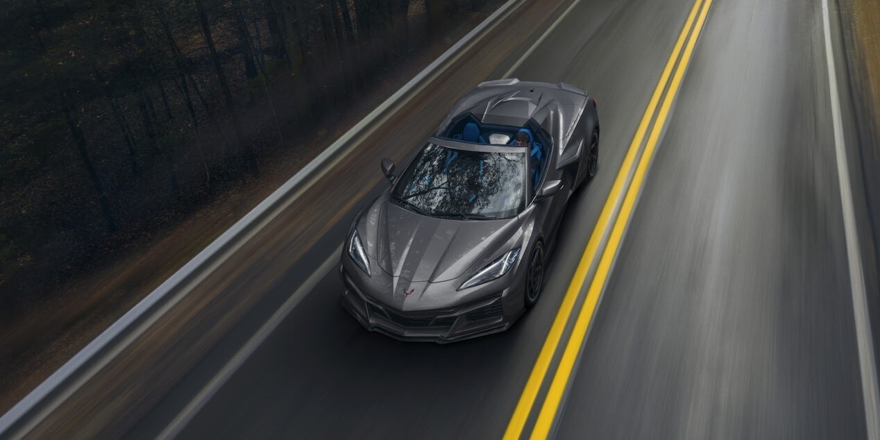 Aerial view of the 2025 Chevy Corvette E-Ray driving Aerial view of the 2025 Chevy Corvette E-Ray driving