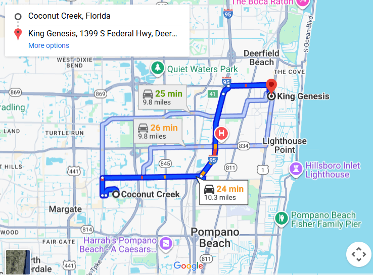 Map showing directions from Coconut Creek FL to King Genesis in Deerfield Beach FL