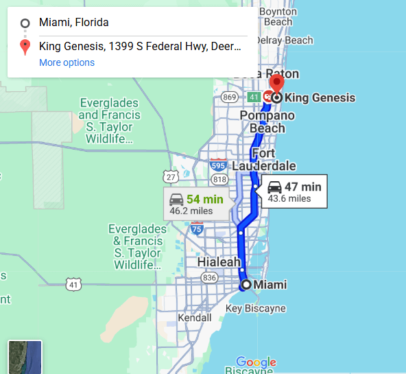 Map showing route from Miami to King Genesis in Deerfield Beach