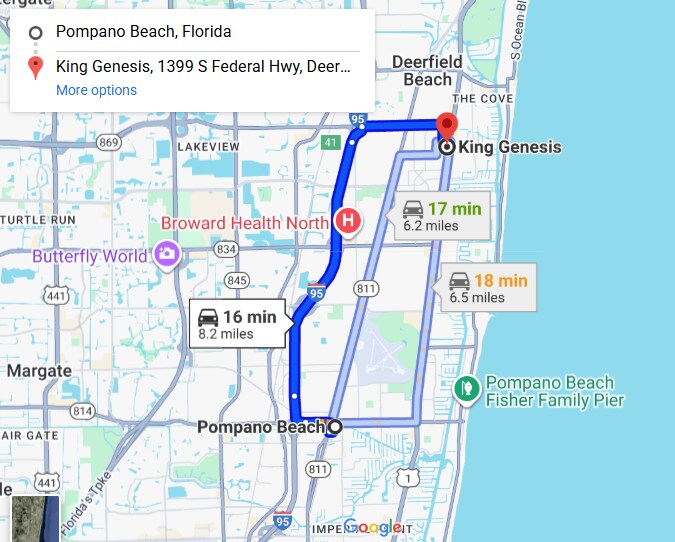 Map showing route from Pompano Beach Pier to King Genesis in Deerfield Beach