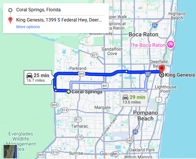 Map showing route from Coral Springs to King Genesis in Deerfield Beach