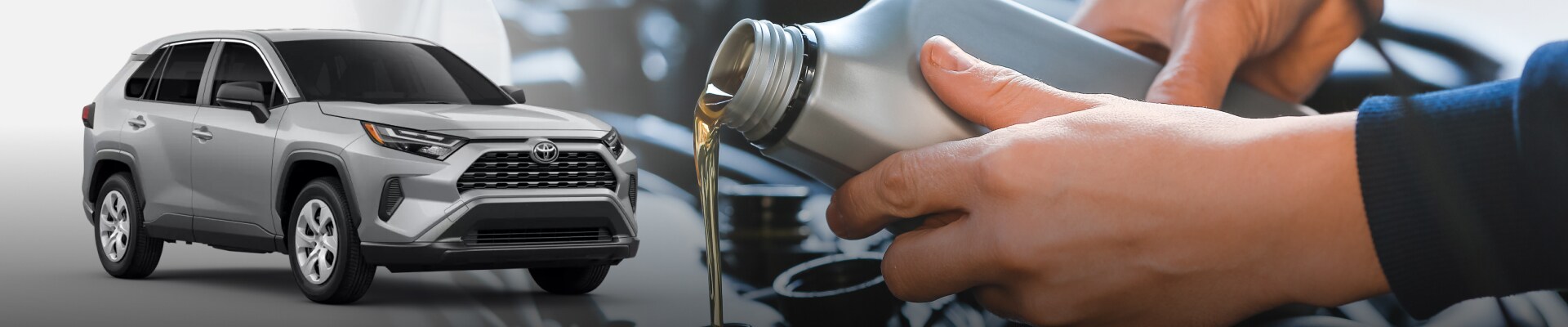 Silver Toyota SUV and a close-up of motor oil being poured