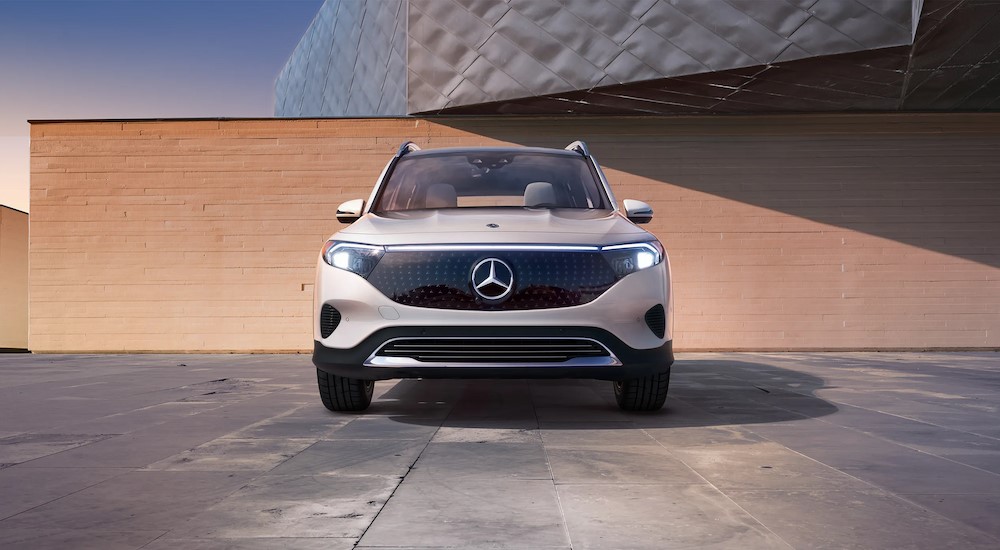 A white 2024 Mercedes-Benz EQB is shown parked at a Mercedes-Benz dealer in East Petersburg.
