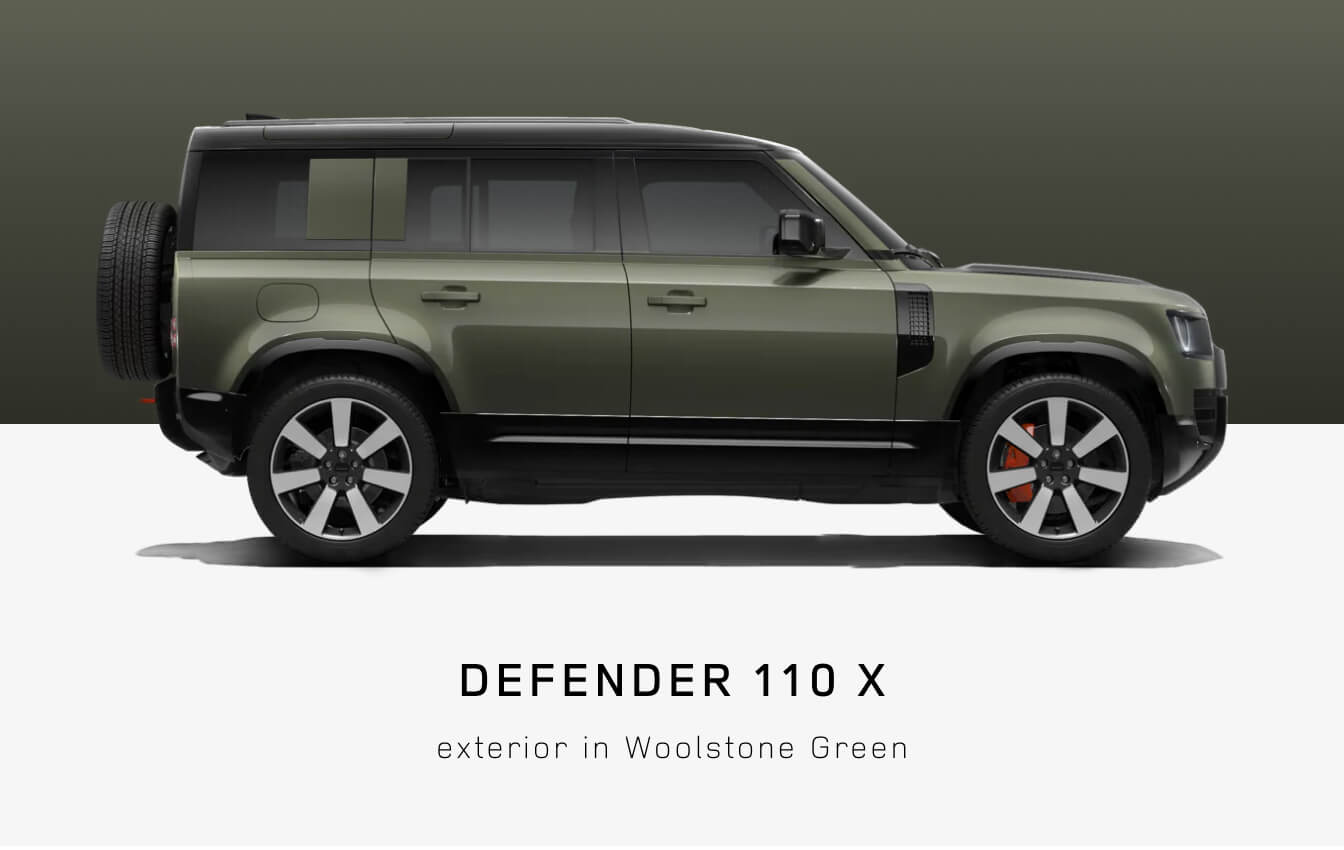 Side view profile of a Land Rover Defender 110 X SUV in Woolstone Green.
