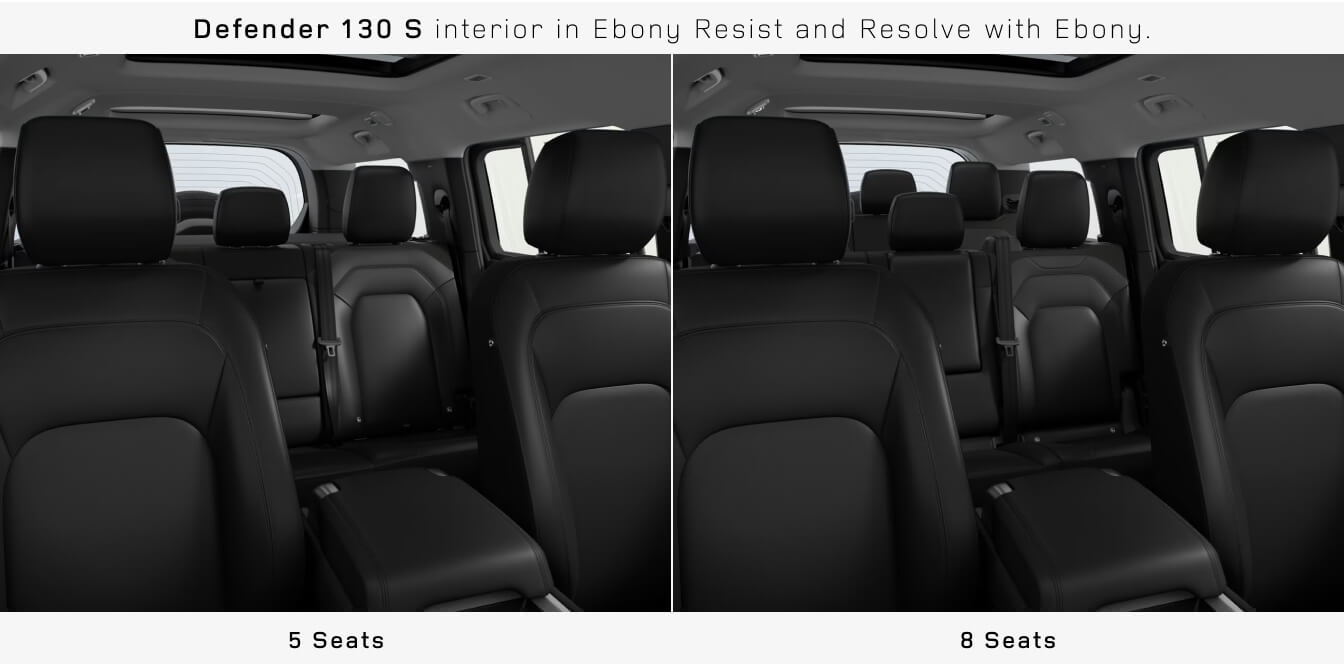Split-screen interior view comparing seating layouts inside a Land Rover Defender 130 S in Ebony, showing seats configurations.