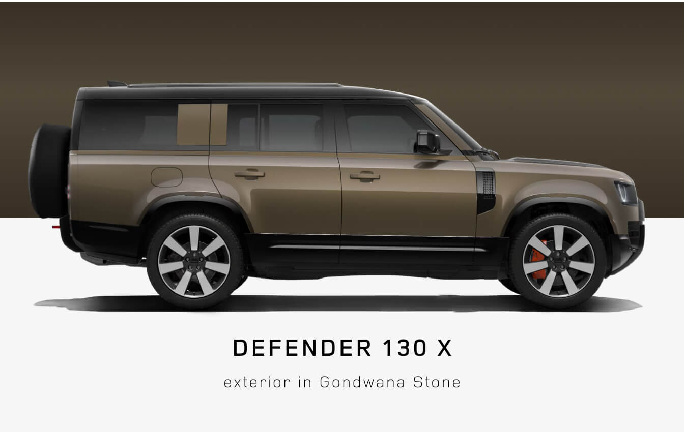 Side view profile of a Land Rover Defender 130 X SUV in Gondwana Stone.