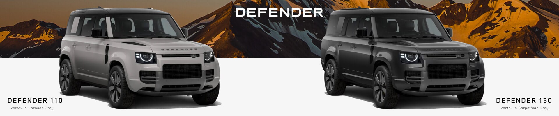 Front three-quarter view of a Land Rover Defender 110 Vertex in Borasco Grey parked next to a Land Rover Defender 130 Vertex SUV in Carpathian Grey.