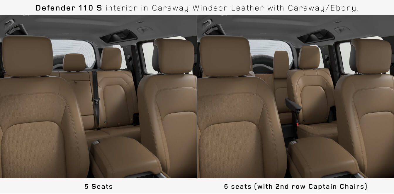 Split-screen interior view comparing seating layouts inside a Land Rover Defender 110 S in Caraway, showing a seats configurations.