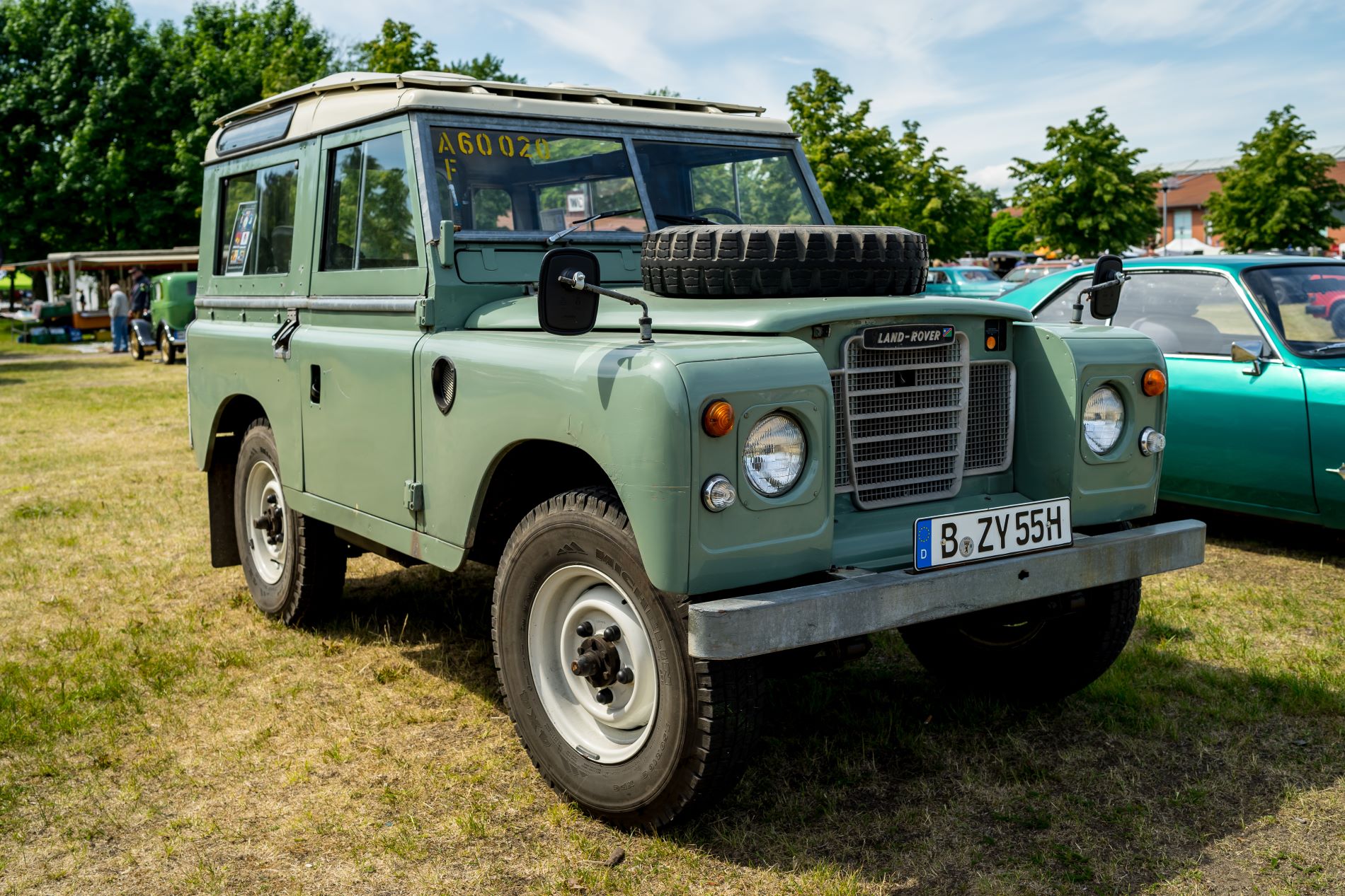 Interior of Land Rover Series I with two rows of seats