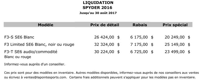 Liquidation Can-Am Spyder 2016 - Lapointe Sports - Joliette - Lanaudiere