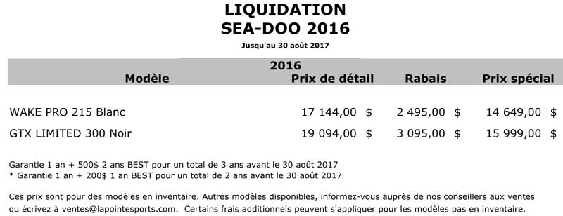 Liquidation Sea-Doo 2016 - Lapointe Sports - Joliette - Lanaudiere