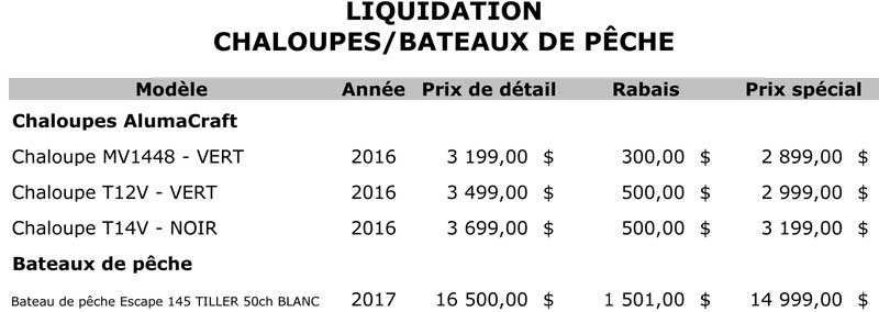 Liquidation CHALOUPES-BATEAUX PECHE - Lapointe Sports Joliette