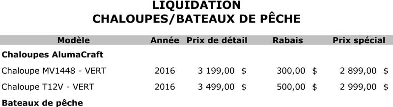Liquidation CHALOUPES-BATEAUX PECHE - Lapointe Sports Joliette