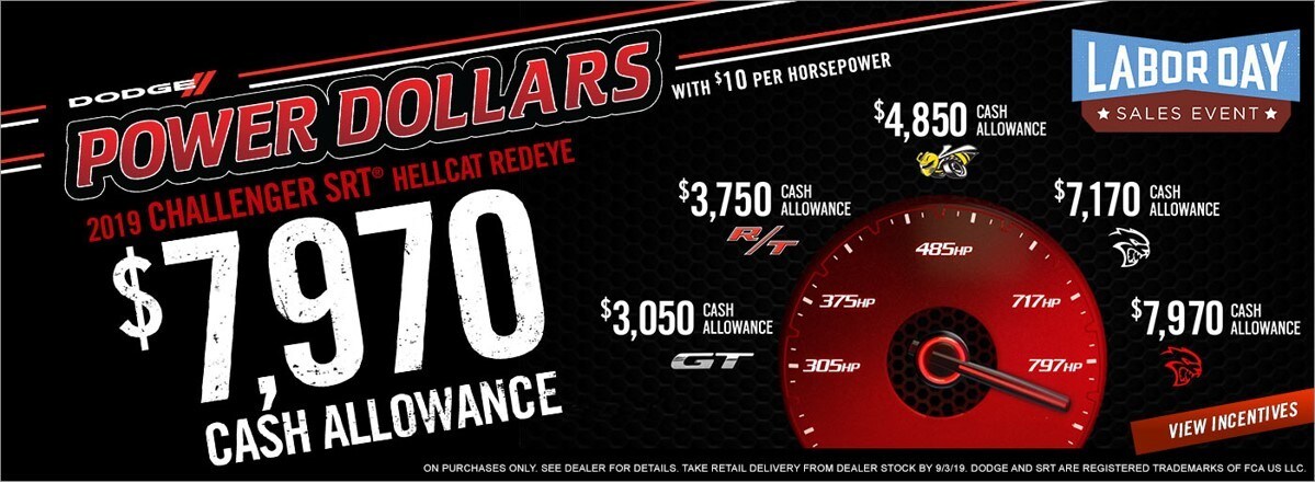 Get $10 Cash Allowance Per Horsepower On Select Dodge Vehicles at Larry H. Miller Chrysler Jeep Dodge Ram Surprise