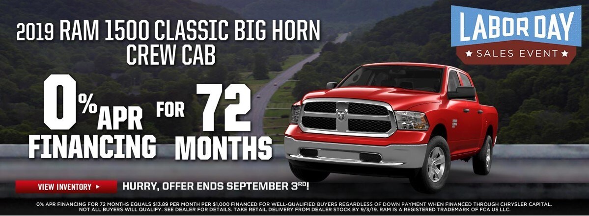 Get 0% APR For 72 Months On Select 2019 Ram 1500 Classic Big Horn Crew Cab at Larry H. Miller Chrysler Jeep Dodge Ram Surprise