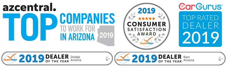 Awards include AZ Central 2019 Top Companies to Work for in Arizona, 2019 Dealer Rater Consumer Satisfaction Award, 2019 Dealer Rater Dealer of the Year award for Dodge and Ram, and Car Gurus Top Rated Dealer, 2019.