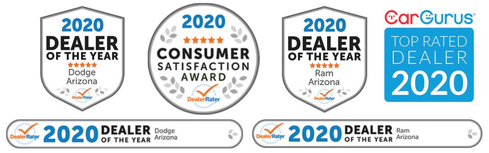 Awards include 2020 Dealer Rater Consumer Satisfaction Award, 2020 Dealer Rater Dealer of the Year award for Dodge and Ram, and Car Gurus Top Rated Dealer, 2020.