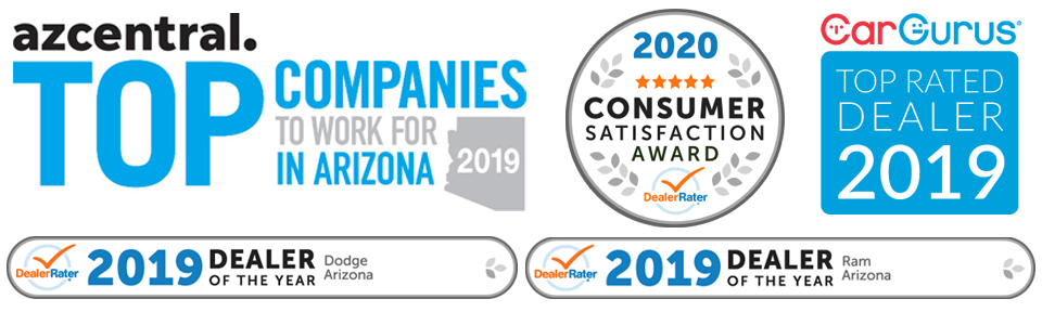 Awards include AZ Central 2019 Top Companies to Work for in Arizona, 2020 Dealer Rater Consumer Satisfaction Award, 2019 Dealer Rater Dealer of the Year award for Dodge and Ram, and Car Gurus Top Rated Dealer, 2019.