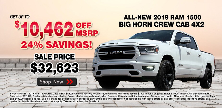Up to $10,462 Off MSRP on All-New 2019 RAM 1500 Big Horn Crew Cab, Avondale, AZ Up to $10,462 Off MSRP on All-New 2019 RAM 1500 Big Horn Crew Cab at AvondaleDodge.com