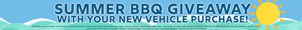 Don't Miss Out on Our Summer BBQ Giveaway Package with Your New Vehicle Purchase! Don't Miss Out on Our Summer BBQ Giveaway Package with Your New Vehicle Purchase at Larry H Miller Toyota Lemon Grove