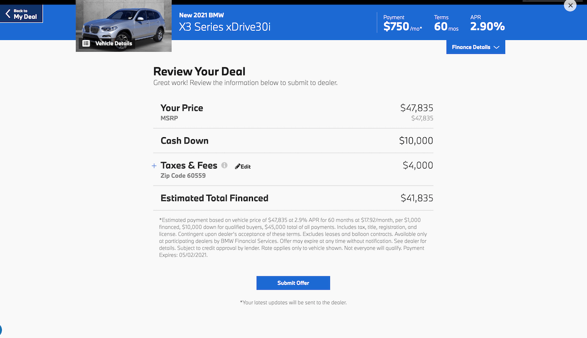 AutoNation Express finalize your deal screen on desktop